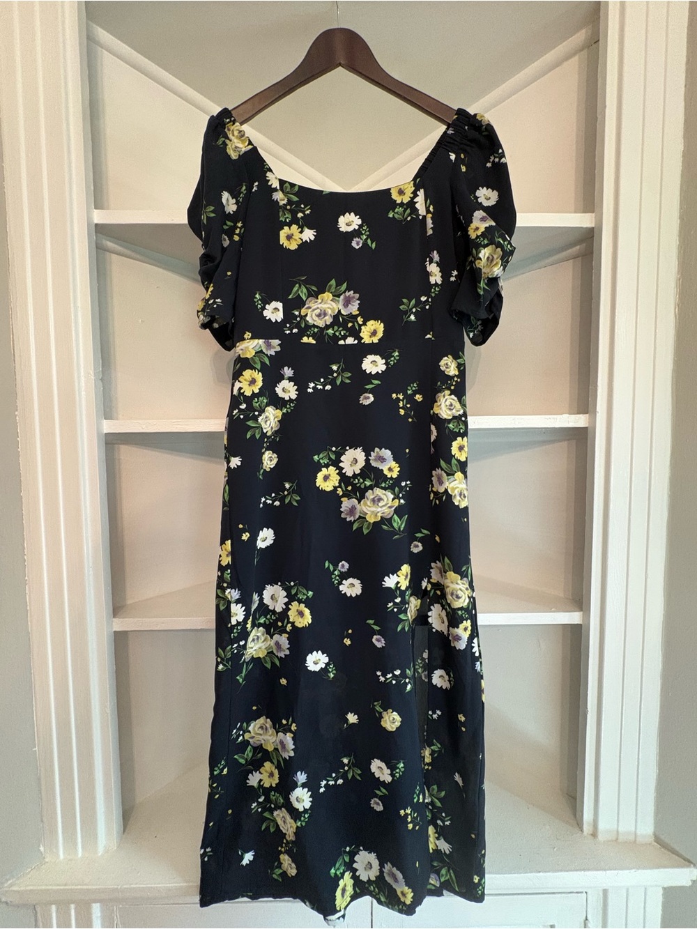 Navy Floral Midi Dress with Puff Sleeves